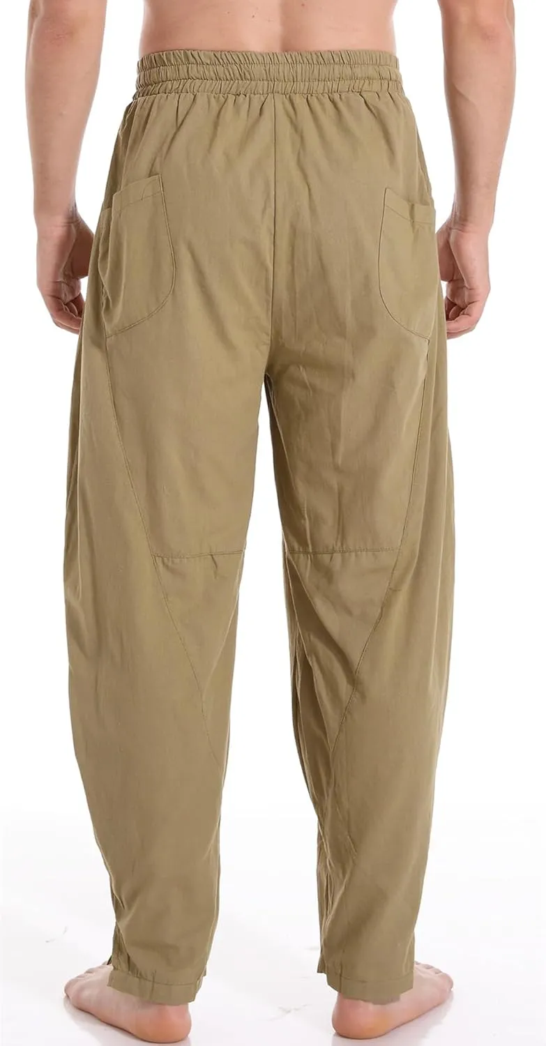 AITFINEISM Mens Cotton Linen Pants Elastic Drawstring Waist Lightweight Summer Beach Pants