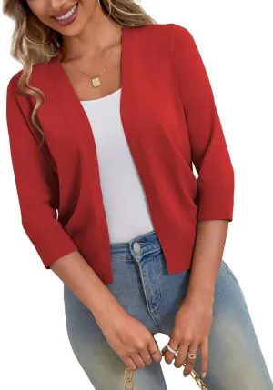 a.Jesdani Shrugs for Women Lightweight 3/4 Sleeve Open Front Red Cropped Cardigan Sweaters,S
