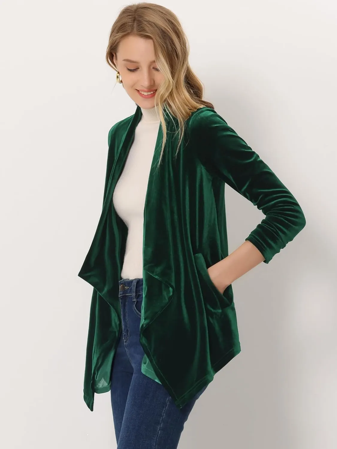 Allegra K Lightweight Cardigan Sweaters for Women's Shawl Collar Drape Open Front Velvet Cardigan
