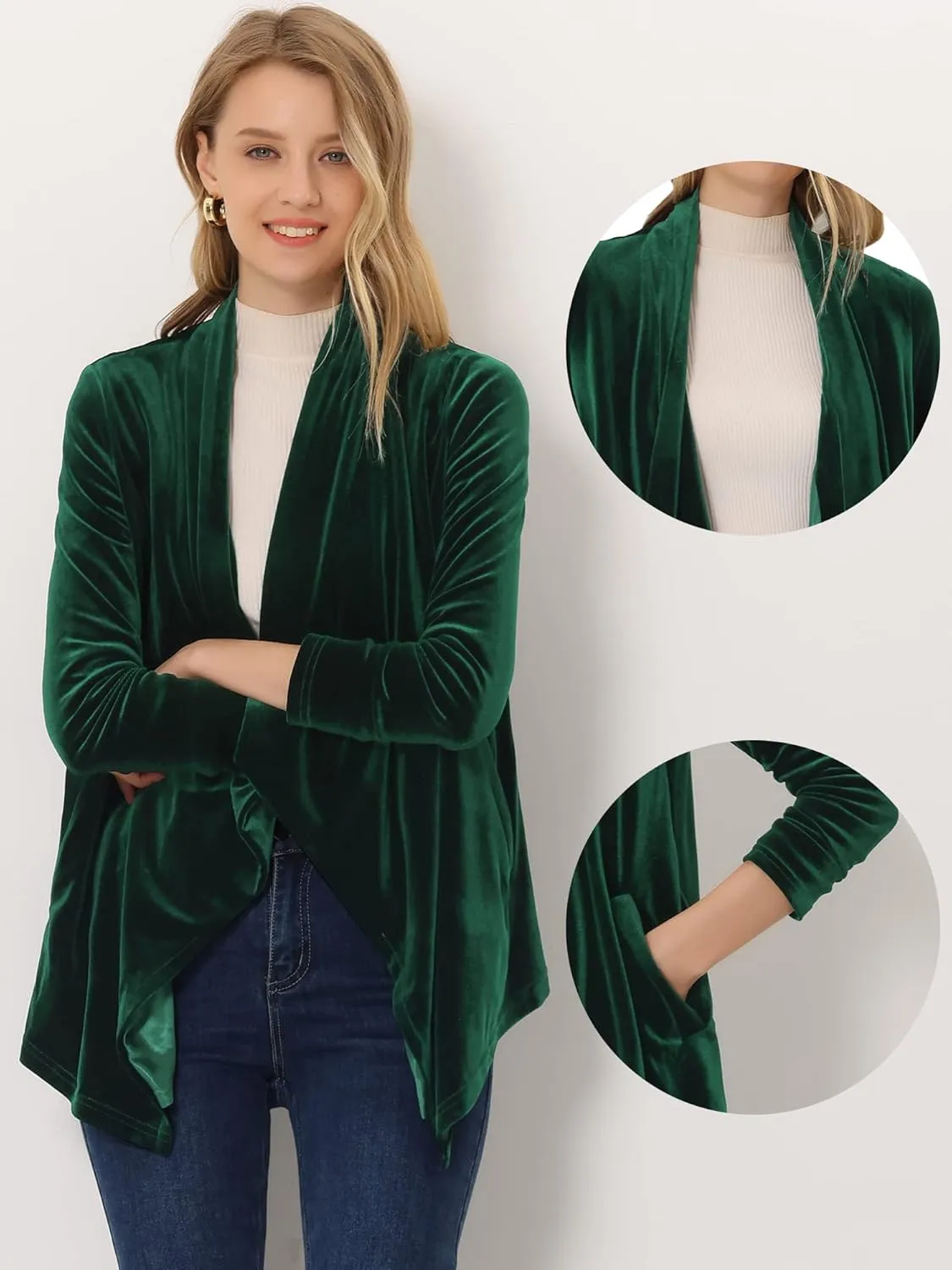 Allegra K Lightweight Cardigan Sweaters for Women's Shawl Collar Drape Open Front Velvet Cardigan