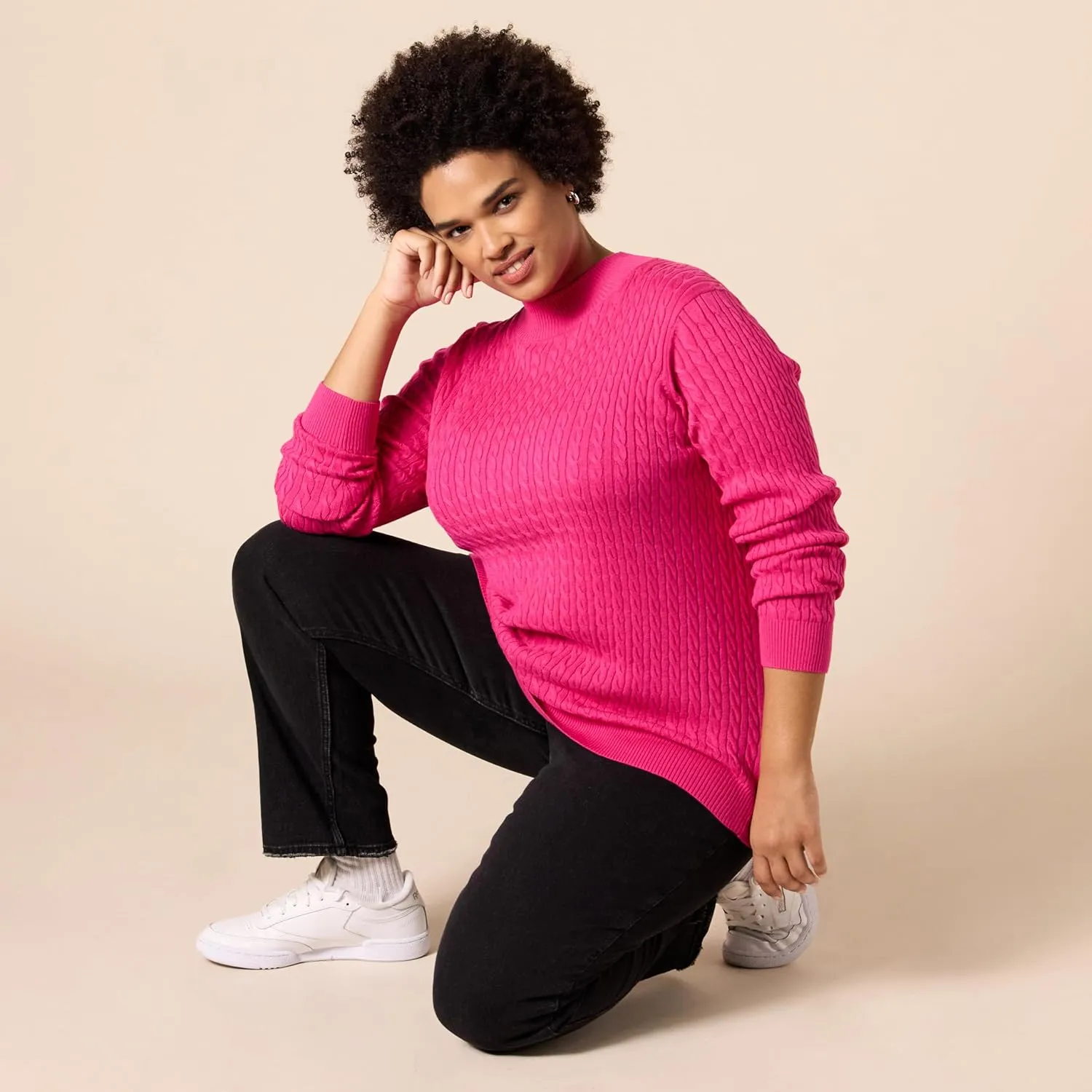 Amazon Essentials Women's Classic-Fit Lightweight Cable Long-Sleeve Mock Neck Sweater