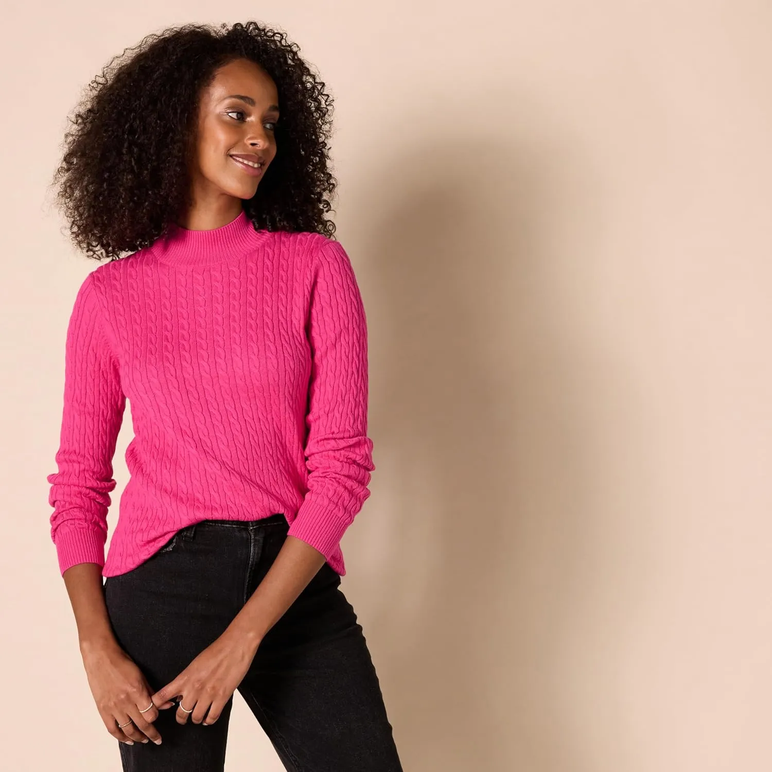 Amazon Essentials Women's Classic-Fit Lightweight Cable Long-Sleeve Mock Neck Sweater