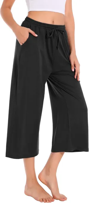 Annenmy Womens Capri Yoga Pants Wide Leg Gym Shorts Quick Dry Drawstring Pants Loose Workout Capris Sweatpants with Pockets