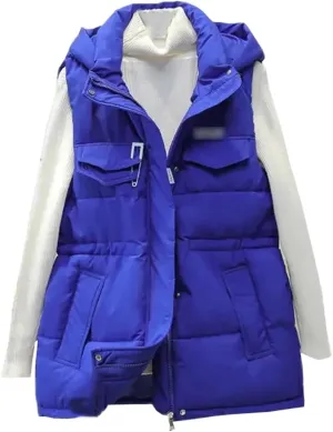 Autumn Winter Women Solid Loose Vest Drawstring Hooded Vest Jacket Cotton Padded Warm Waistcoat