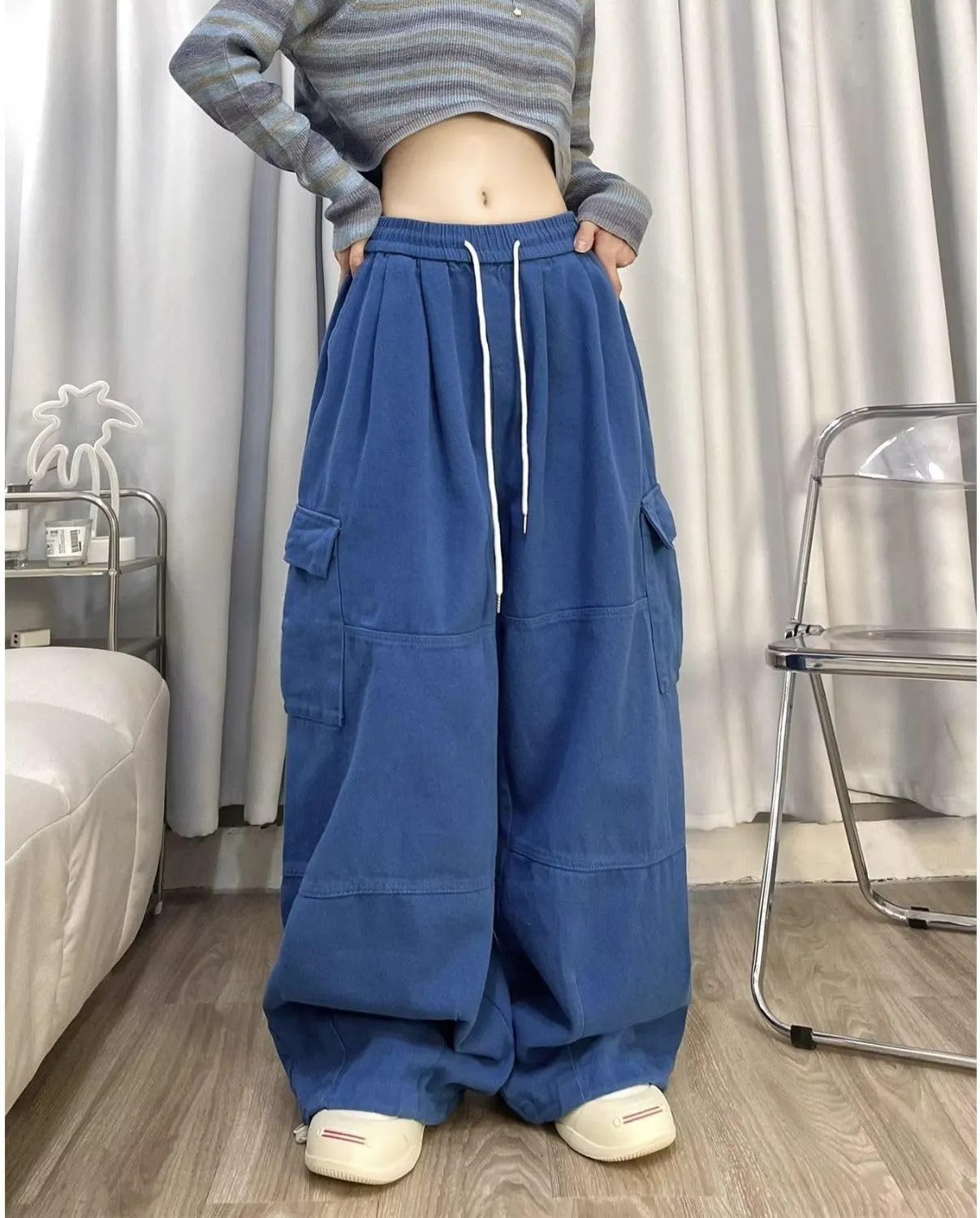 Baggy Cargo Pants for Women Men Y2k Wide Leg Sweatpants High Waisted Drawstring Pants Hip Hop Clothes