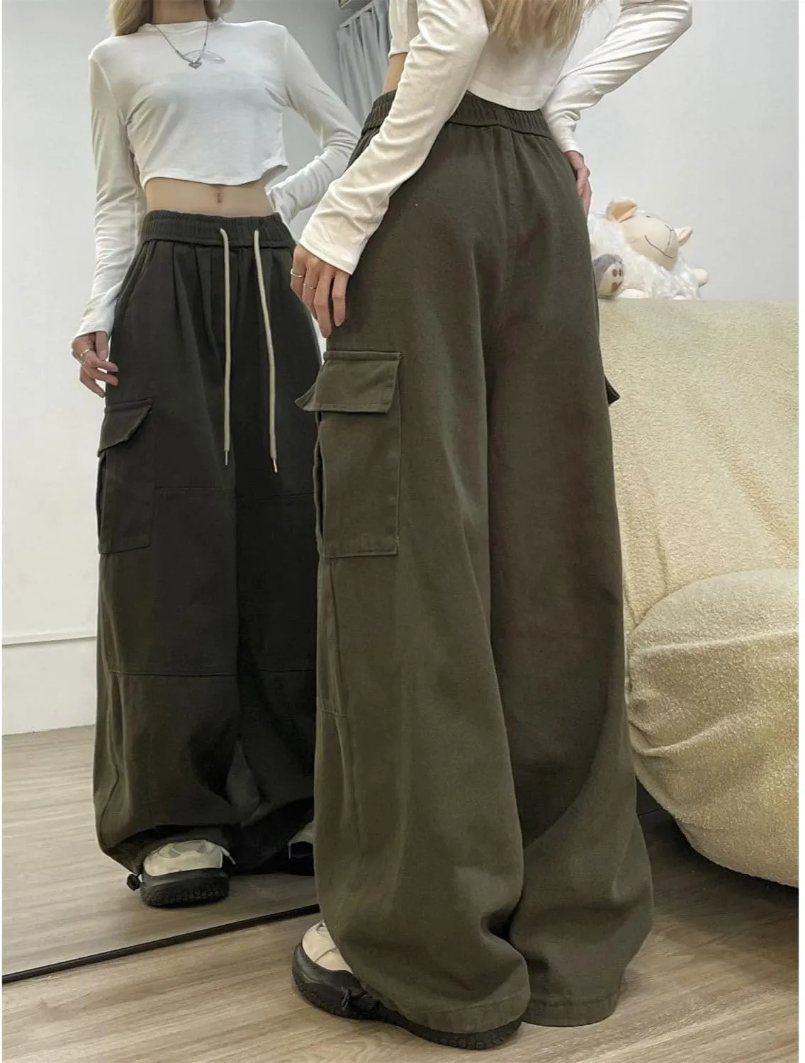 Baggy Cargo Pants for Women Men Y2k Wide Leg Sweatpants High Waisted Drawstring Pants Hip Hop Clothes