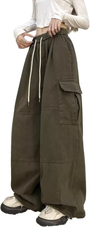 Baggy Cargo Pants for Women Men Y2k Wide Leg Sweatpants High Waisted Drawstring Pants Hip Hop Clothes