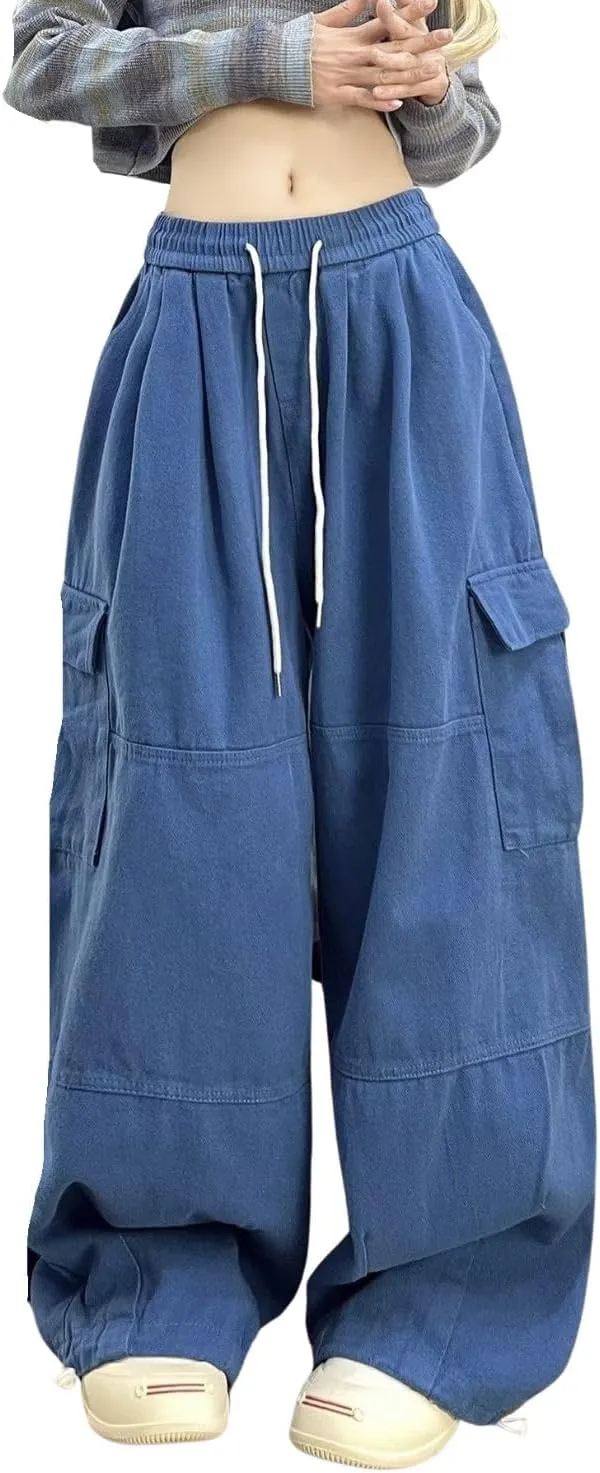 Baggy Cargo Pants for Women Men Y2k Wide Leg Sweatpants High Waisted Drawstring Pants Hip Hop Clothes