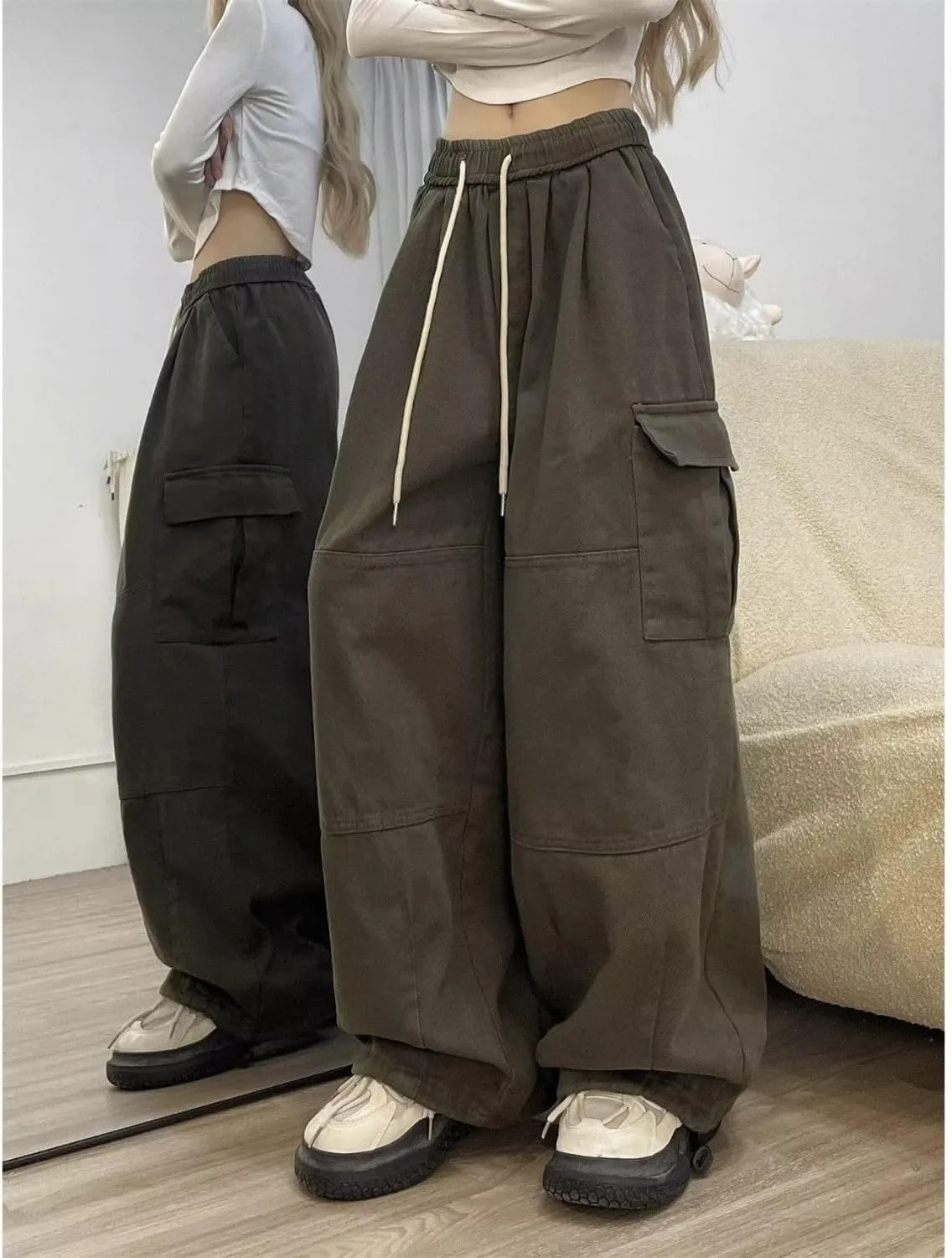 Baggy Cargo Pants for Women Men Y2k Wide Leg Sweatpants High Waisted Drawstring Pants Hip Hop Clothes