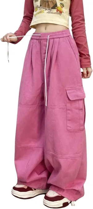 Baggy Cargo Pants for Women Men Y2k Wide Leg Sweatpants High Waisted Drawstring Pants Hip Hop Clothes