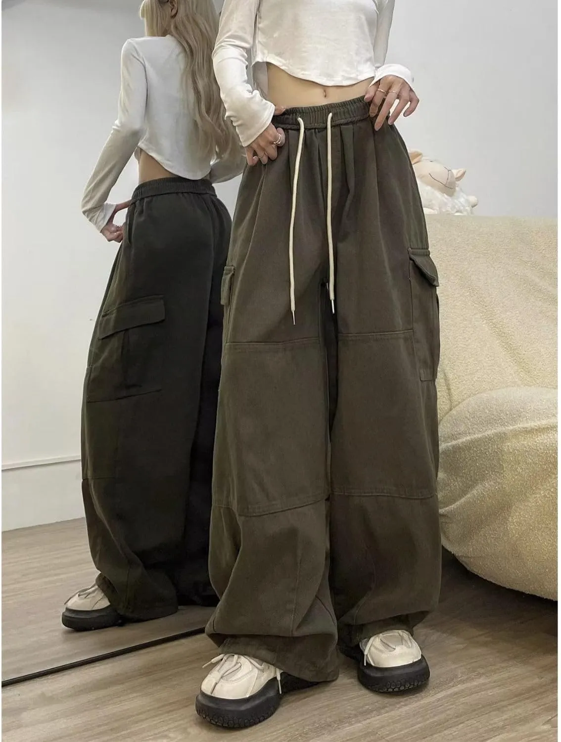 Baggy Cargo Pants for Women Men Y2k Wide Leg Sweatpants High Waisted Drawstring Pants Hip Hop Clothes