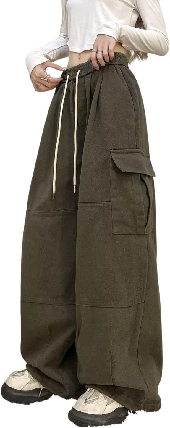 Baggy Cargo Pants for Women Men Y2k Wide Leg Sweatpants High Waisted Drawstring Pants Hip Hop Clothes