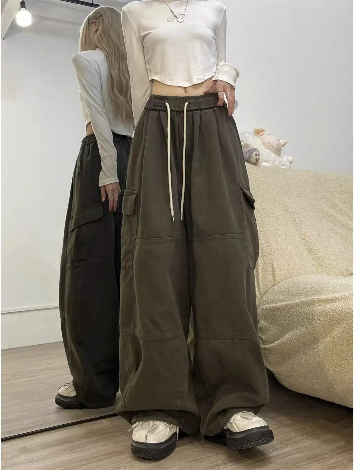 Baggy Cargo Pants for Women Men Y2k Wide Leg Sweatpants High Waisted Drawstring Pants Hip Hop Clothes