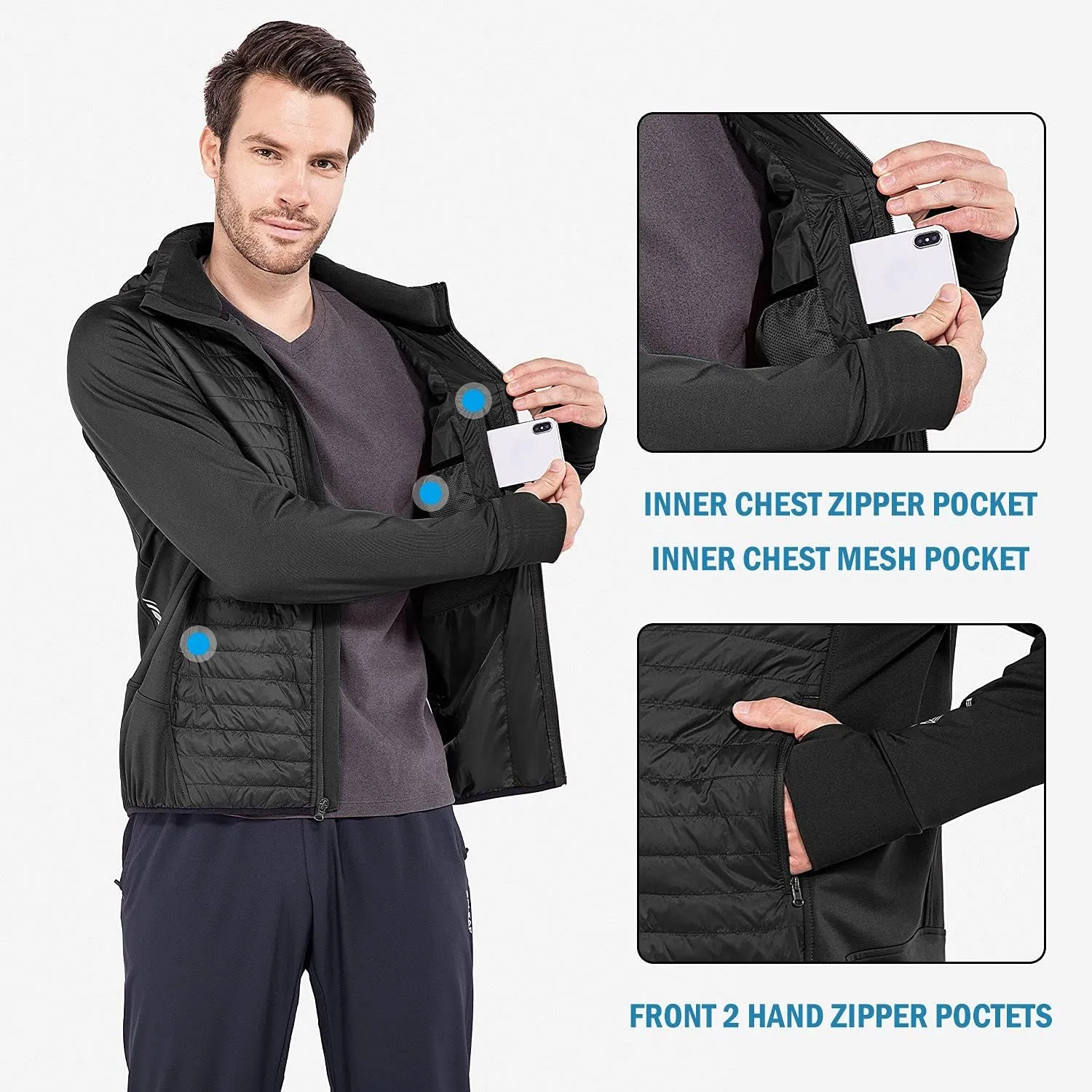 baleaf Men's Running Jacket Lightweight Thumble Hole Warm Up Puffer Jacket Hybrid Thermal Coat Insulated Hiking Golf
