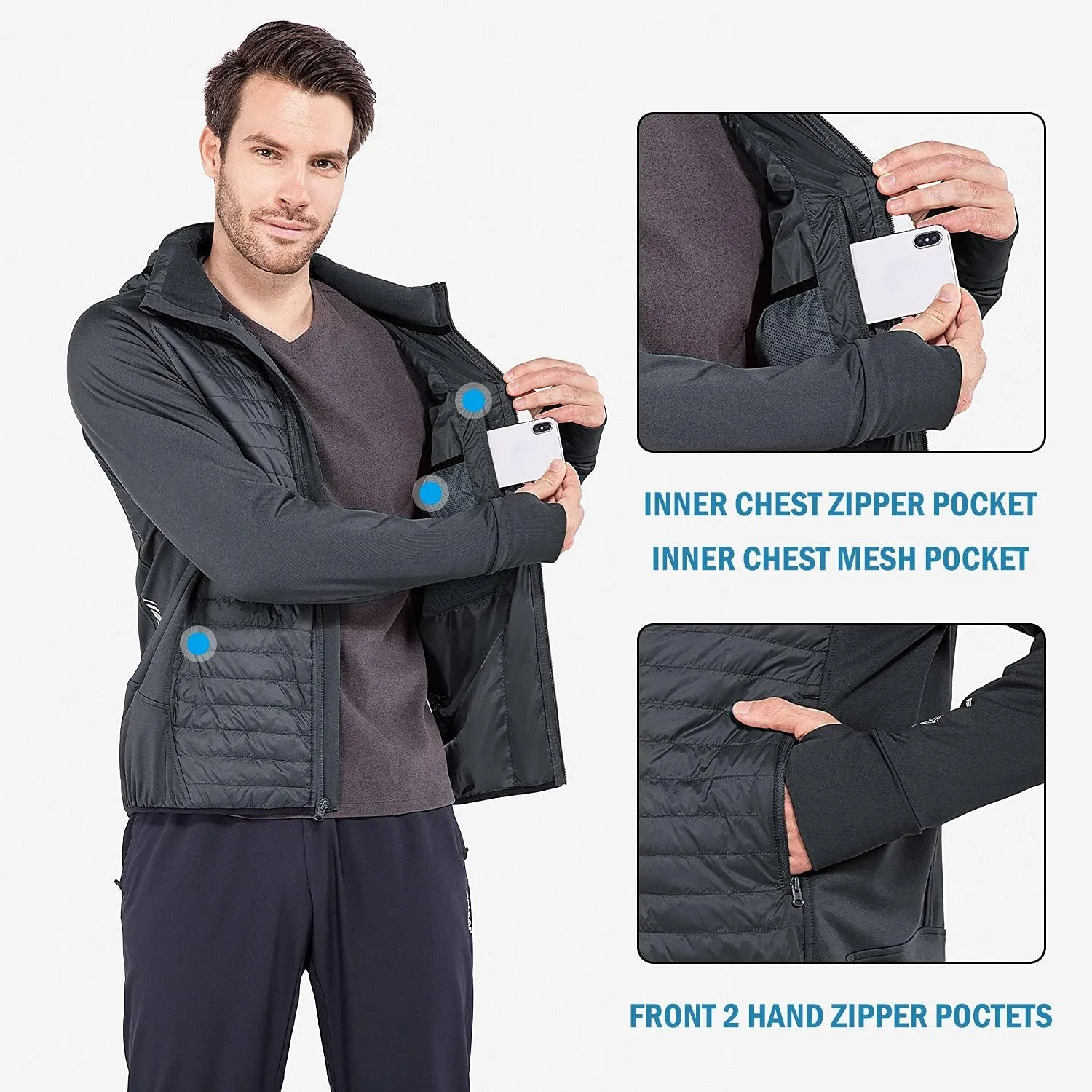 baleaf Men's Running Jacket Lightweight Thumble Hole Warm Up Puffer Jacket Hybrid Thermal Coat Insulated Hiking Golf