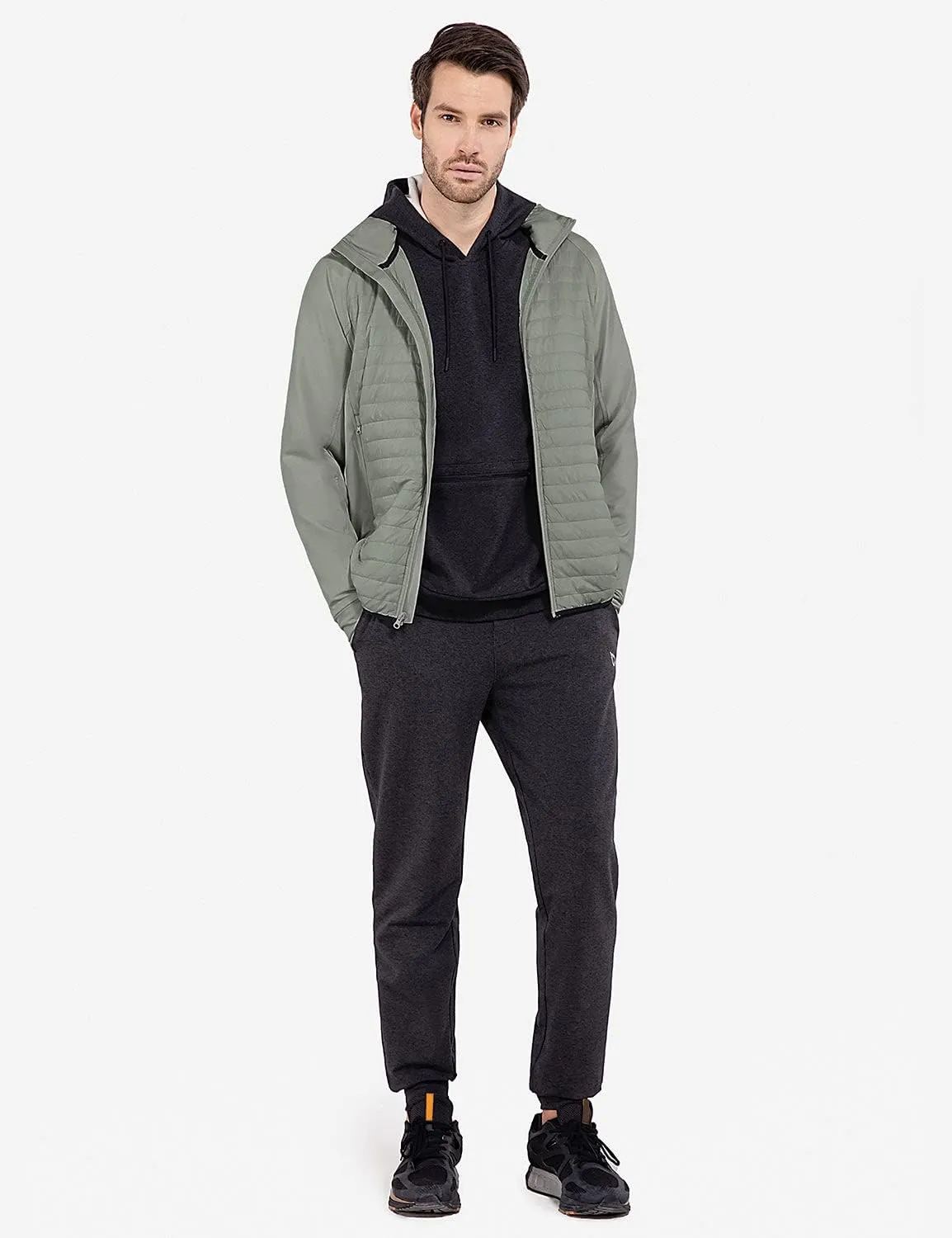 baleaf Men's Running Jacket Lightweight Thumble Hole Warm Up Puffer Jacket Hybrid Thermal Coat Insulated Hiking Golf