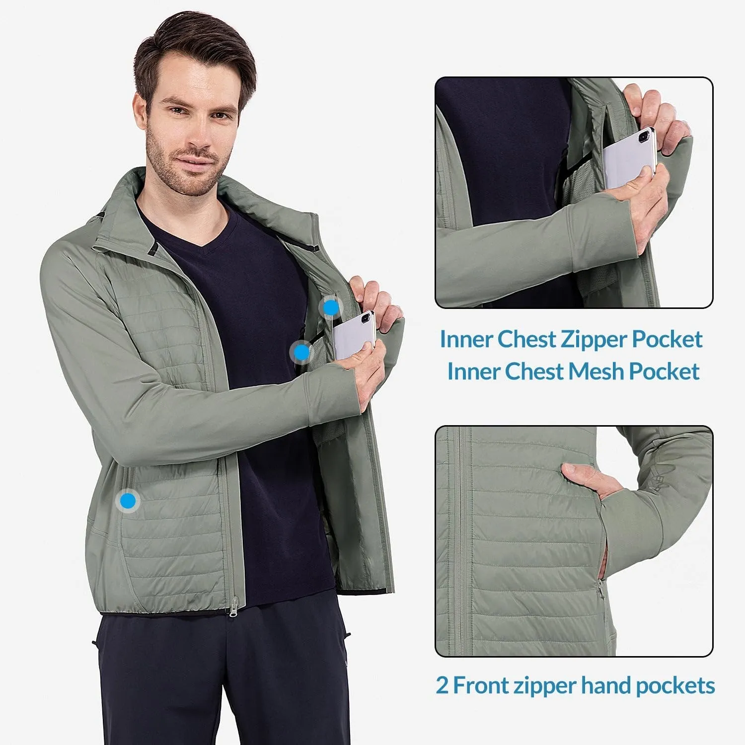 baleaf Men's Running Jacket Lightweight Thumble Hole Warm Up Puffer Jacket Hybrid Thermal Coat Insulated Hiking Golf