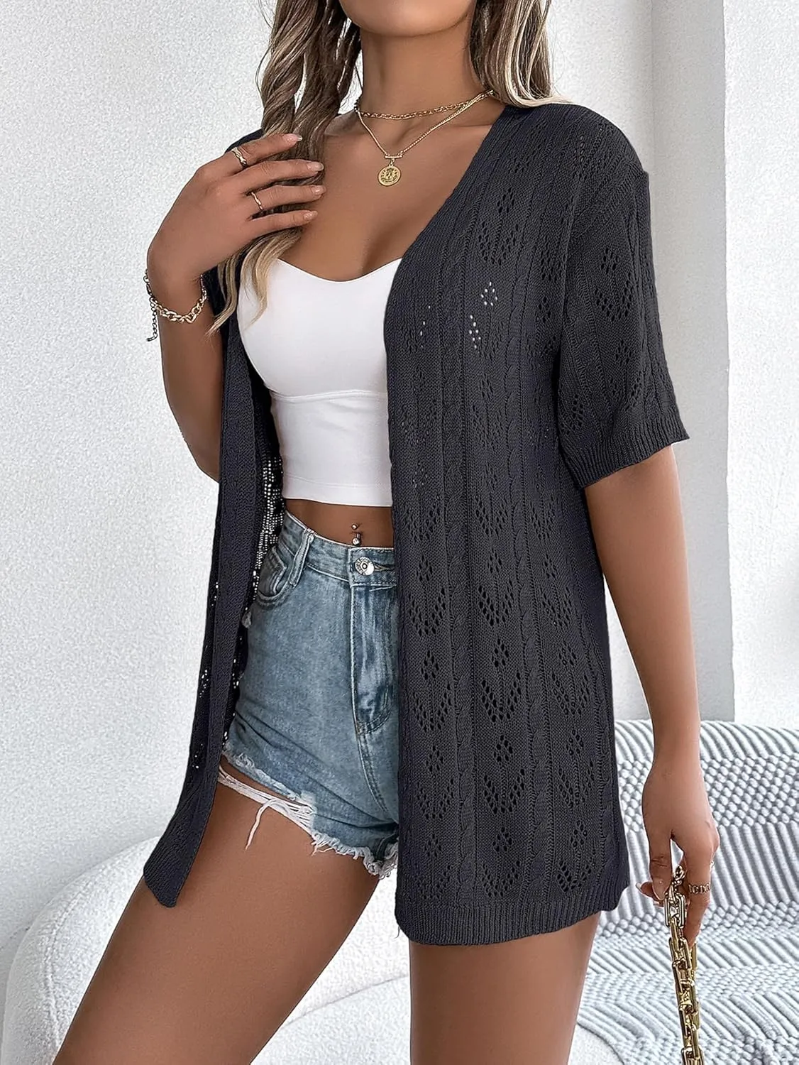 Beautiful Nomad Women's Summer Short Sleeve Crochet Cardigan Sweaters Lightweight Boho Knit Kimono Outwear