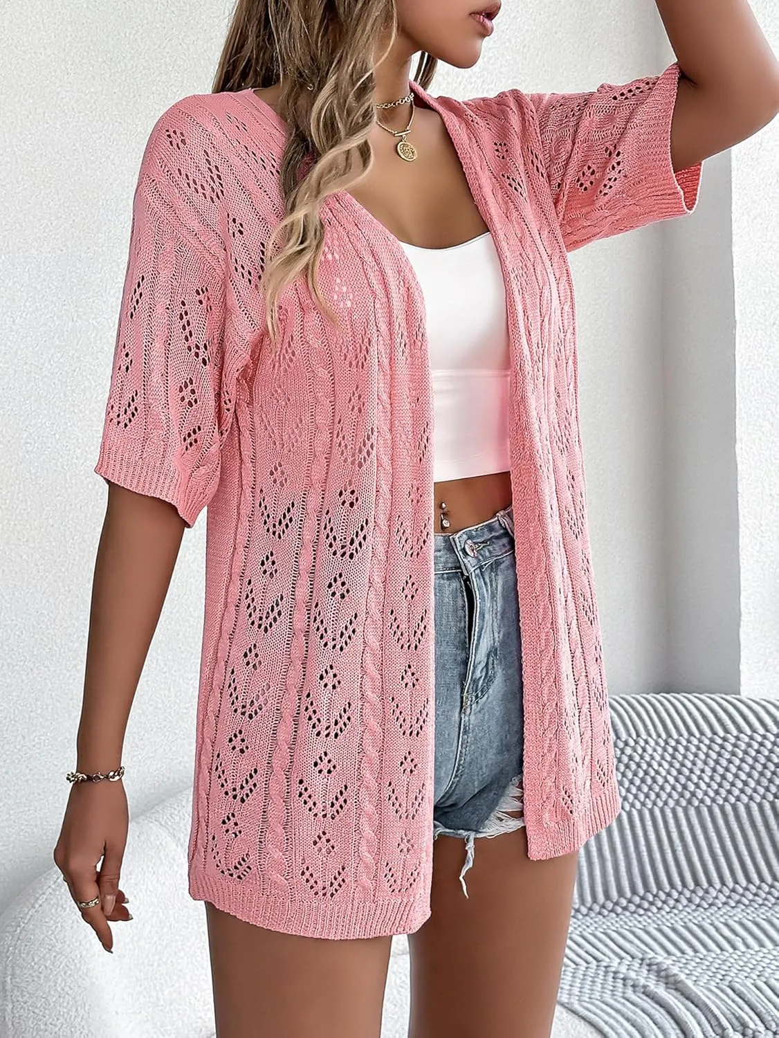 Beautiful Nomad Women's Summer Short Sleeve Crochet Cardigan Sweaters Lightweight Boho Knit Kimono Outwear