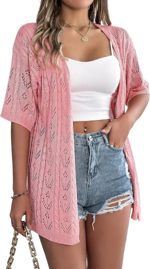 Beautiful Nomad Women's Summer Short Sleeve Crochet Cardigan Sweaters Lightweight Boho Knit Kimono Outwear