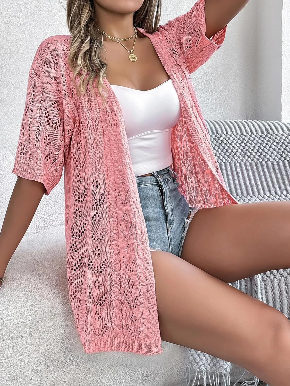 Beautiful Nomad Women's Summer Short Sleeve Crochet Cardigan Sweaters Lightweight Boho Knit Kimono Outwear