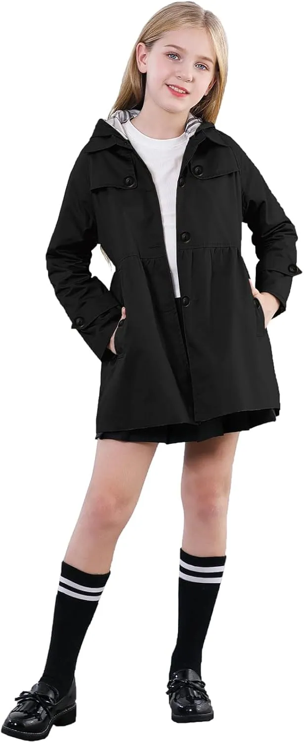 Betusline Girls 2 Packs Trench Coat Hooded Lightweight Single Breasted Dress Outerwear Jacket,2-14 Years