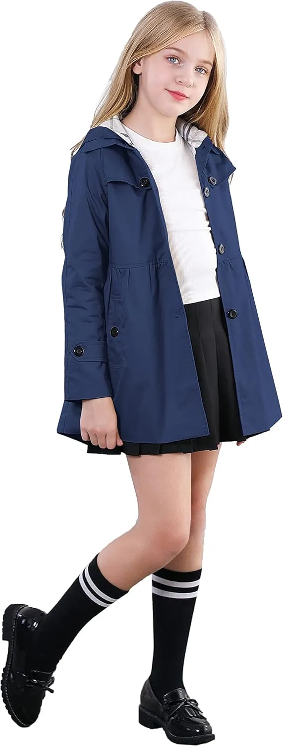 Betusline Girls 2 Packs Trench Coat Hooded Lightweight Single Breasted Dress Outerwear Jacket,2-14 Years
