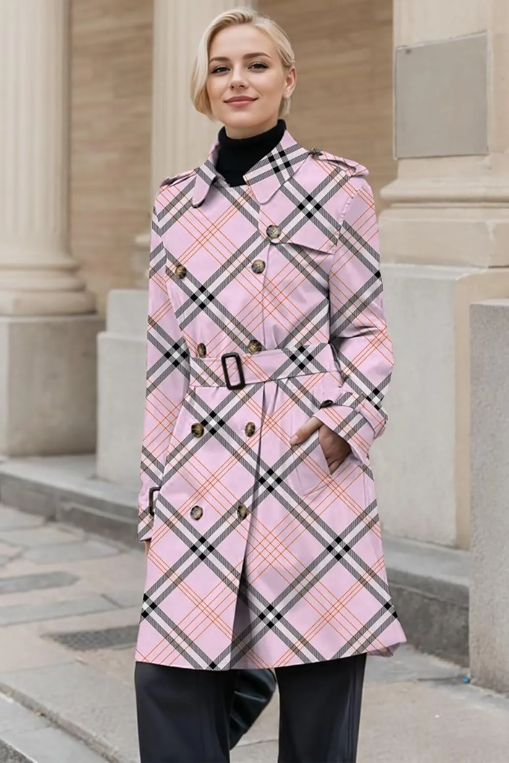 Betusline Women's Double Breasted Classic Windbreaker Jacket Lapel Overcoat Outerwear Plaid Long Trench Coat with Belt
