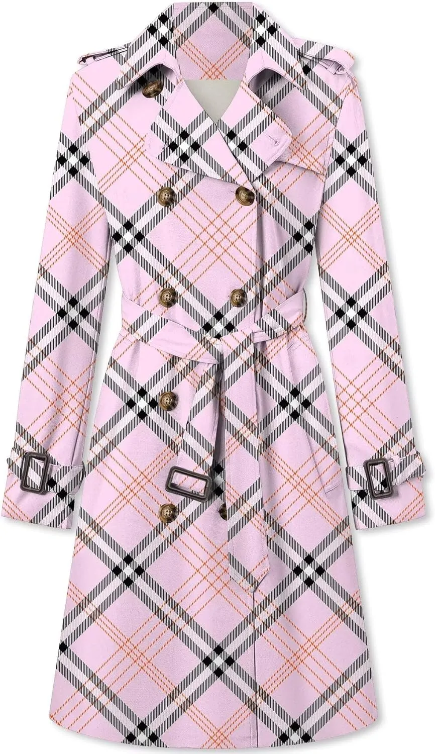 Betusline Women's Double Breasted Classic Windbreaker Jacket Lapel Overcoat Outerwear Plaid Long Trench Coat with Belt
