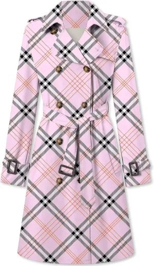 Betusline Women's Double Breasted Classic Windbreaker Jacket Lapel Overcoat Outerwear Plaid Long Trench Coat with Belt