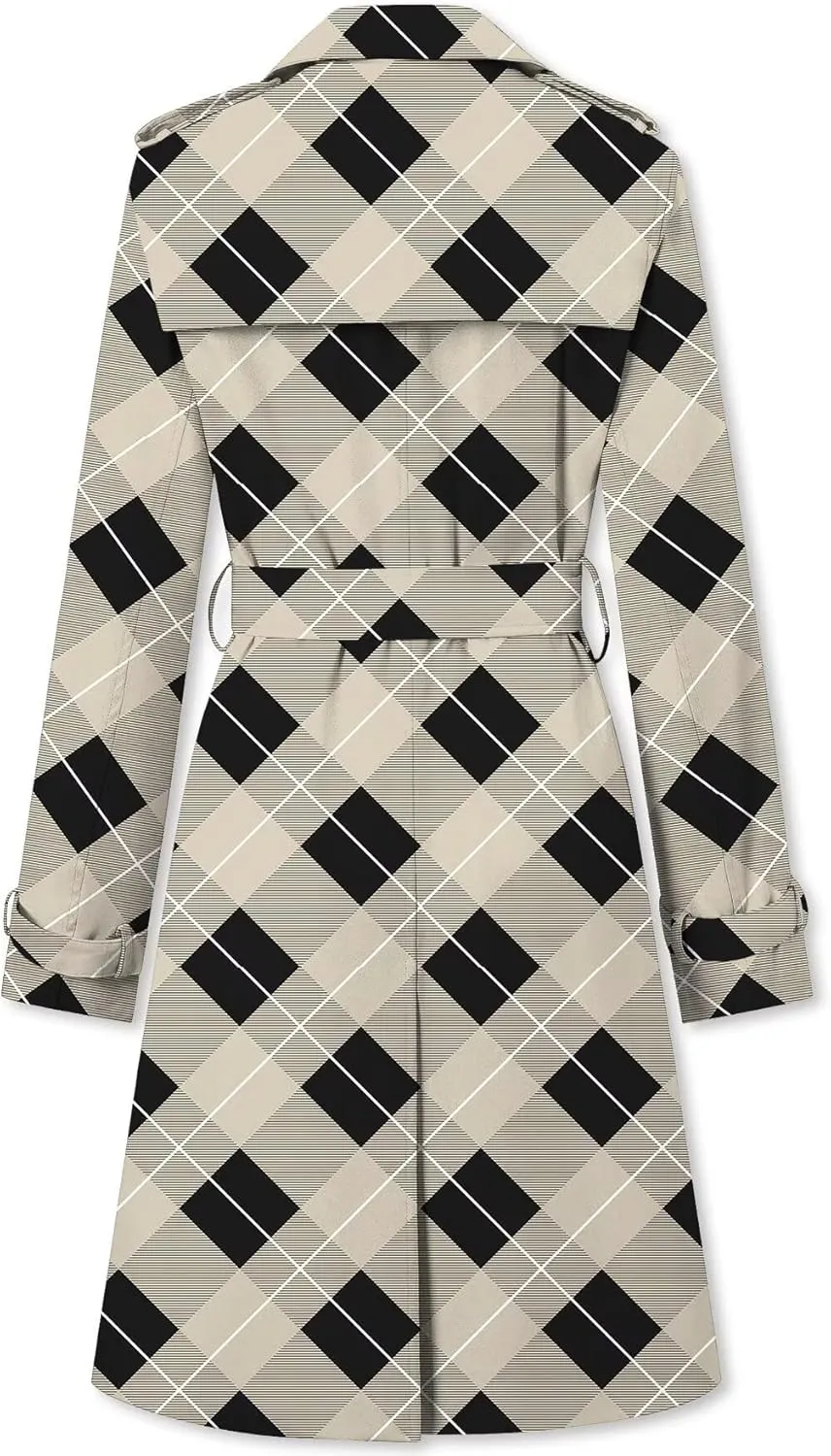 Betusline Women's Double Breasted Classic Windbreaker Jacket Lapel Overcoat Outerwear Plaid Long Trench Coat with Belt