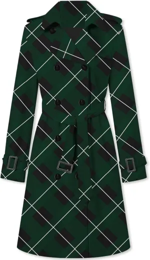 Betusline Women's Double Breasted Classic Windbreaker Jacket Lapel Overcoat Outerwear Plaid Long Trench Coat with Belt