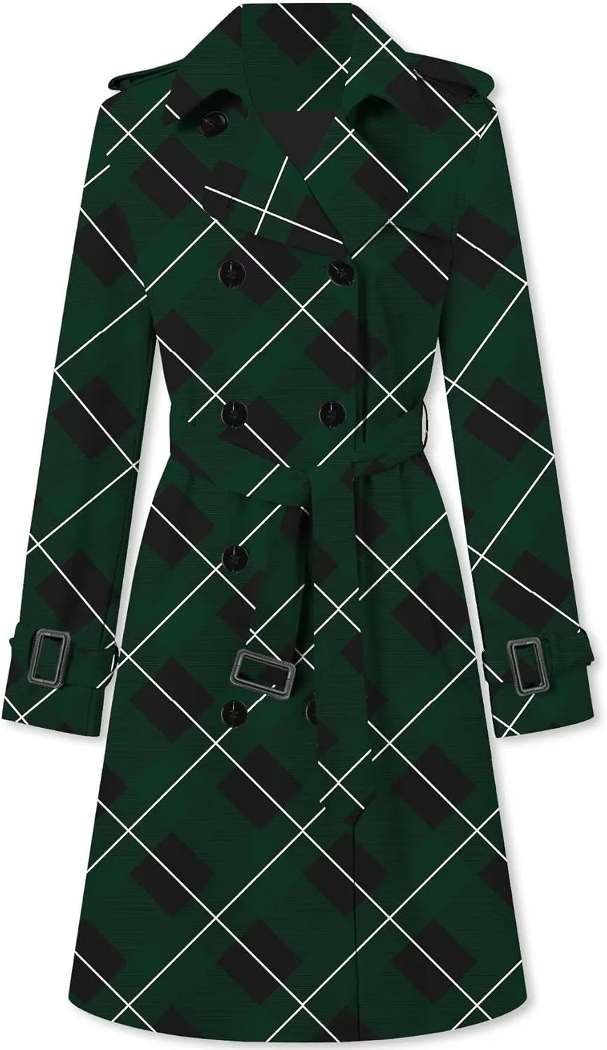 Betusline Women's Double Breasted Classic Windbreaker Jacket Lapel Overcoat Outerwear Plaid Long Trench Coat with Belt