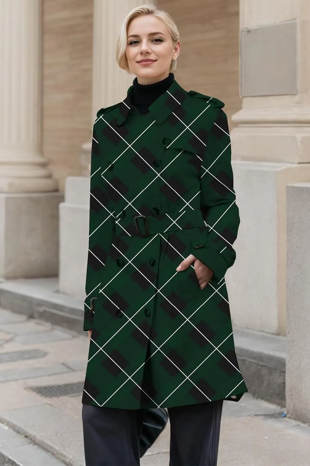 Betusline Women's Double Breasted Classic Windbreaker Jacket Lapel Overcoat Outerwear Plaid Long Trench Coat with Belt