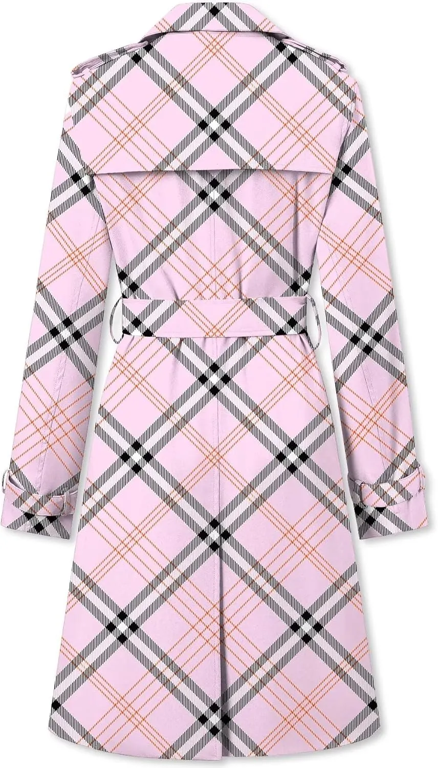 Betusline Women's Double Breasted Classic Windbreaker Jacket Lapel Overcoat Outerwear Plaid Long Trench Coat with Belt