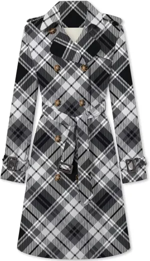 Betusline Women's Double Breasted Classic Windbreaker Jacket Lapel Overcoat Outerwear Plaid Long Trench Coat with Belt