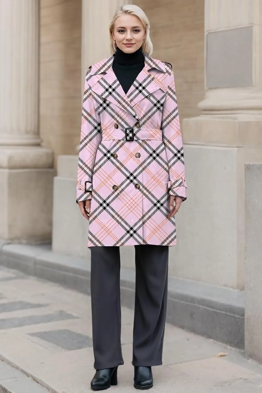 Betusline Women's Double Breasted Classic Windbreaker Jacket Lapel Overcoat Outerwear Plaid Long Trench Coat with Belt
