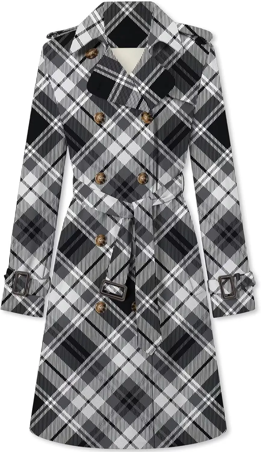 Betusline Women's Double Breasted Classic Windbreaker Jacket Lapel Overcoat Outerwear Plaid Long Trench Coat with Belt