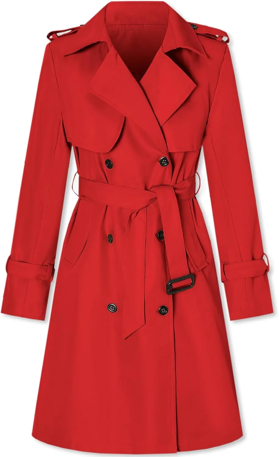 Betusline Women's Long Trench Coat Double-Breasted Classic Windbreaker Lapel Dress Outerwear with Belt, Red, XL