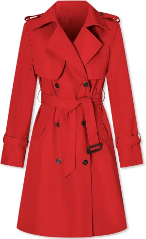 Betusline Women's Long Trench Coat Double-Breasted Classic Windbreaker Lapel Dress Outerwear with Belt, Red, XL