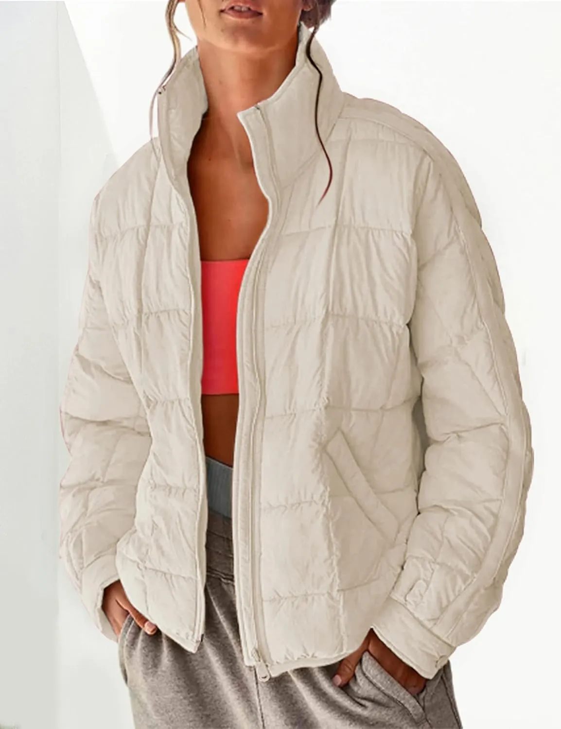 Bianstore Women's Oversized Splice Quilted Lightweight Puffer Jacket Casual Padded Coat