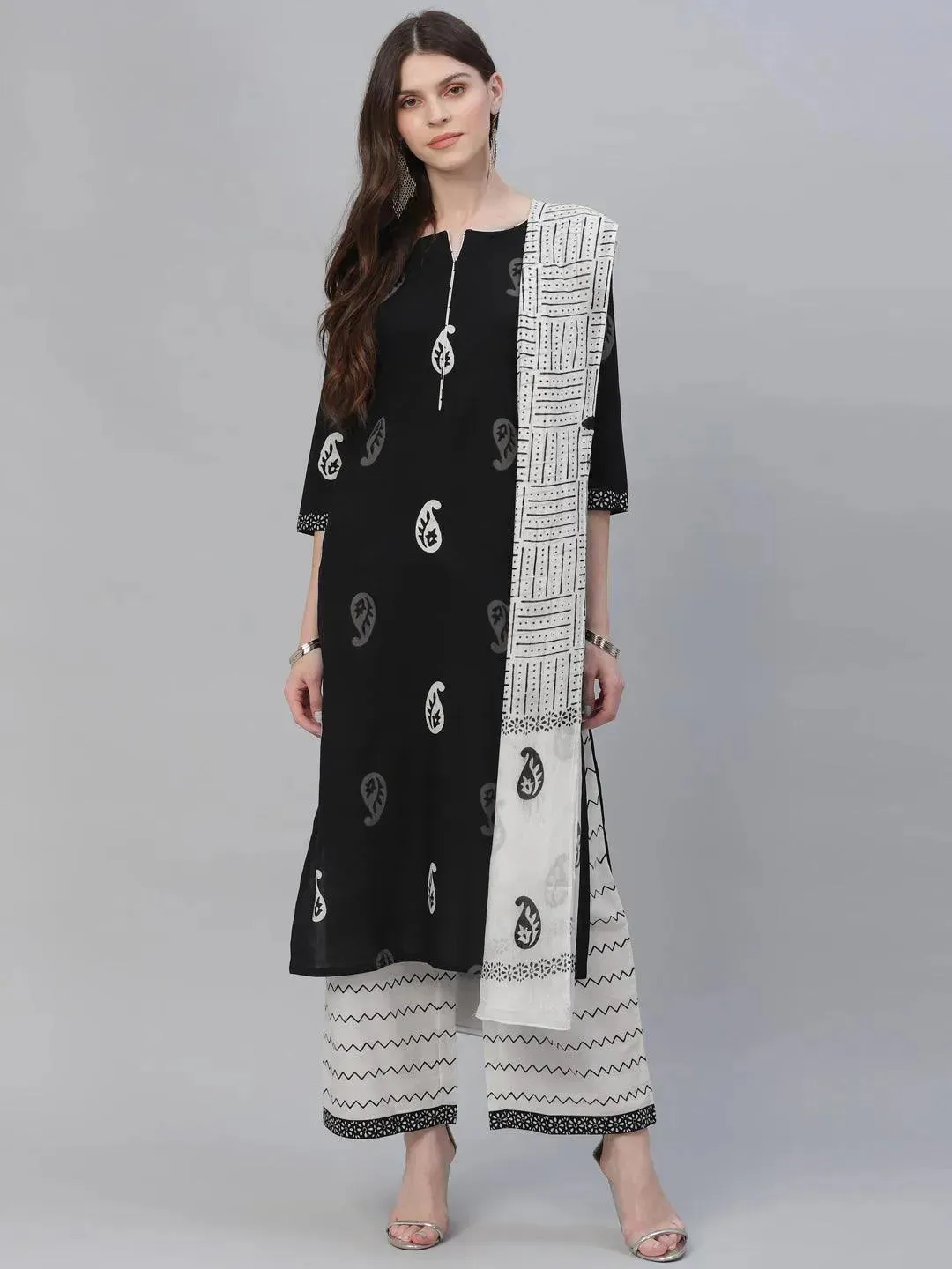 Black Printed Cotton Straight Kurta With Palazzos & Dupatta