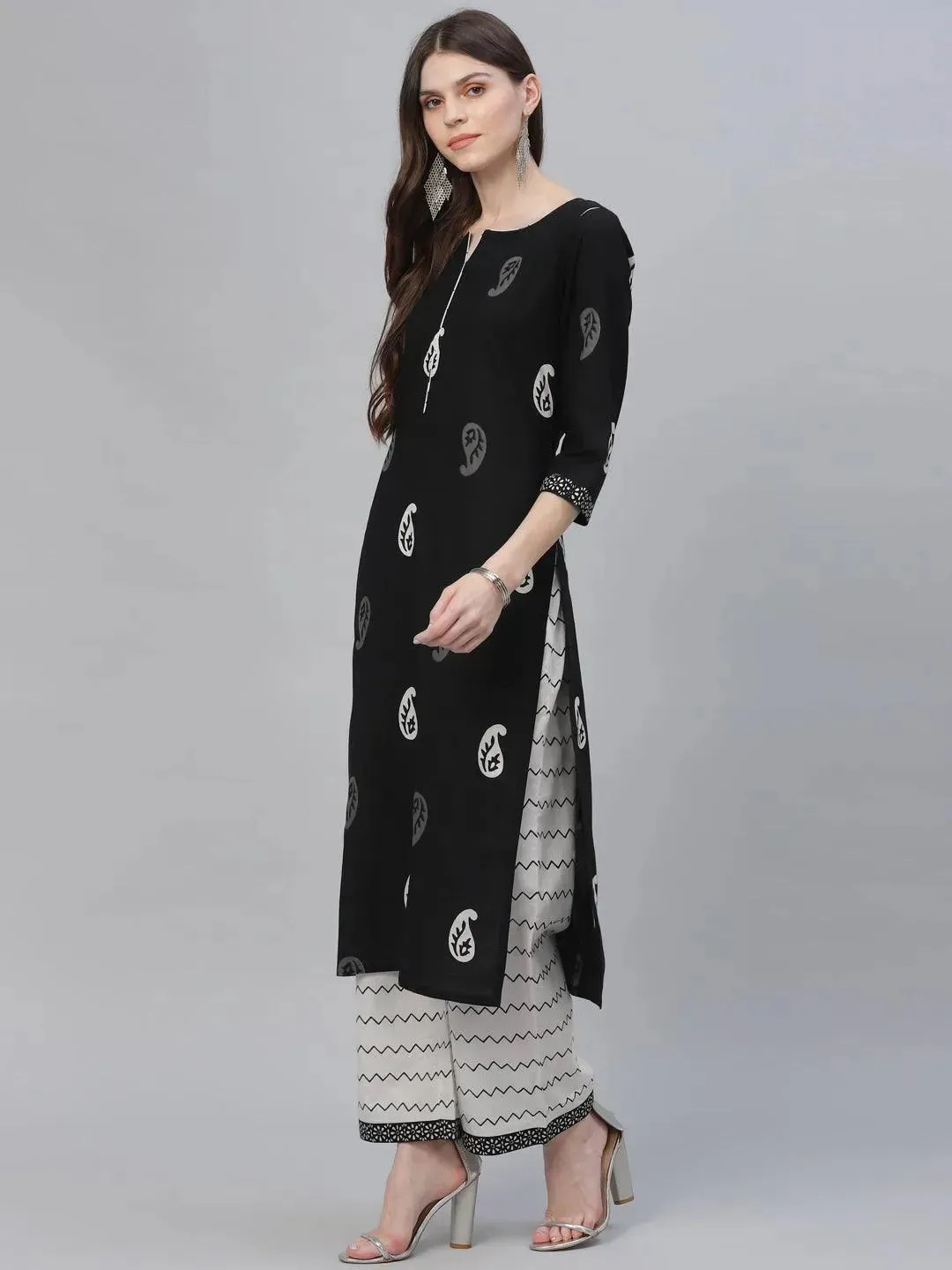 Black Printed Cotton Straight Kurta With Palazzos & Dupatta