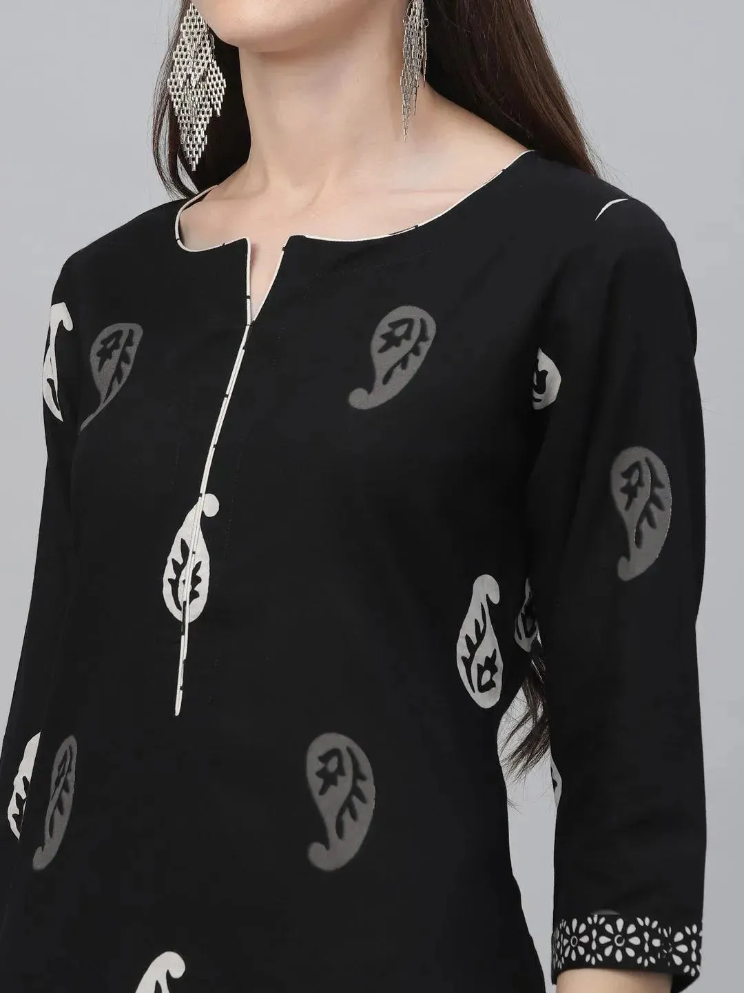 Black Printed Cotton Straight Kurta With Palazzos & Dupatta