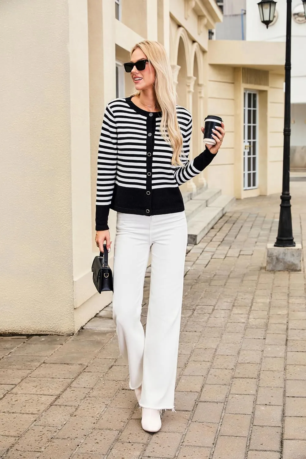 BMJL Women's Striped Cardigan Sweaters Lightweight Cropped Long Sleeve Tops Button Down 2024 Fall Outfits Trendy