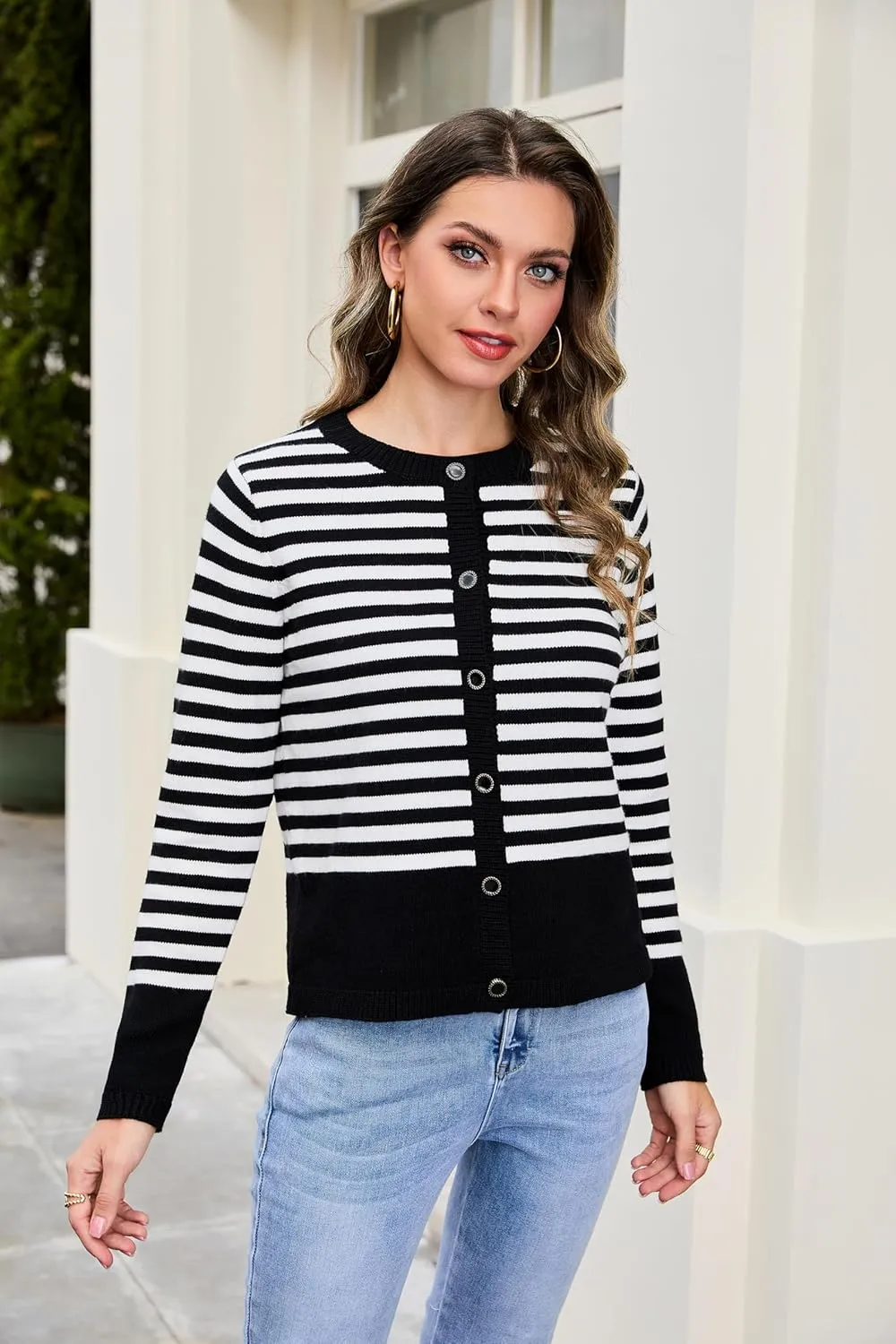 BMJL Women's Striped Cardigan Sweaters Lightweight Cropped Long Sleeve Tops Button Down 2024 Fall Outfits Trendy