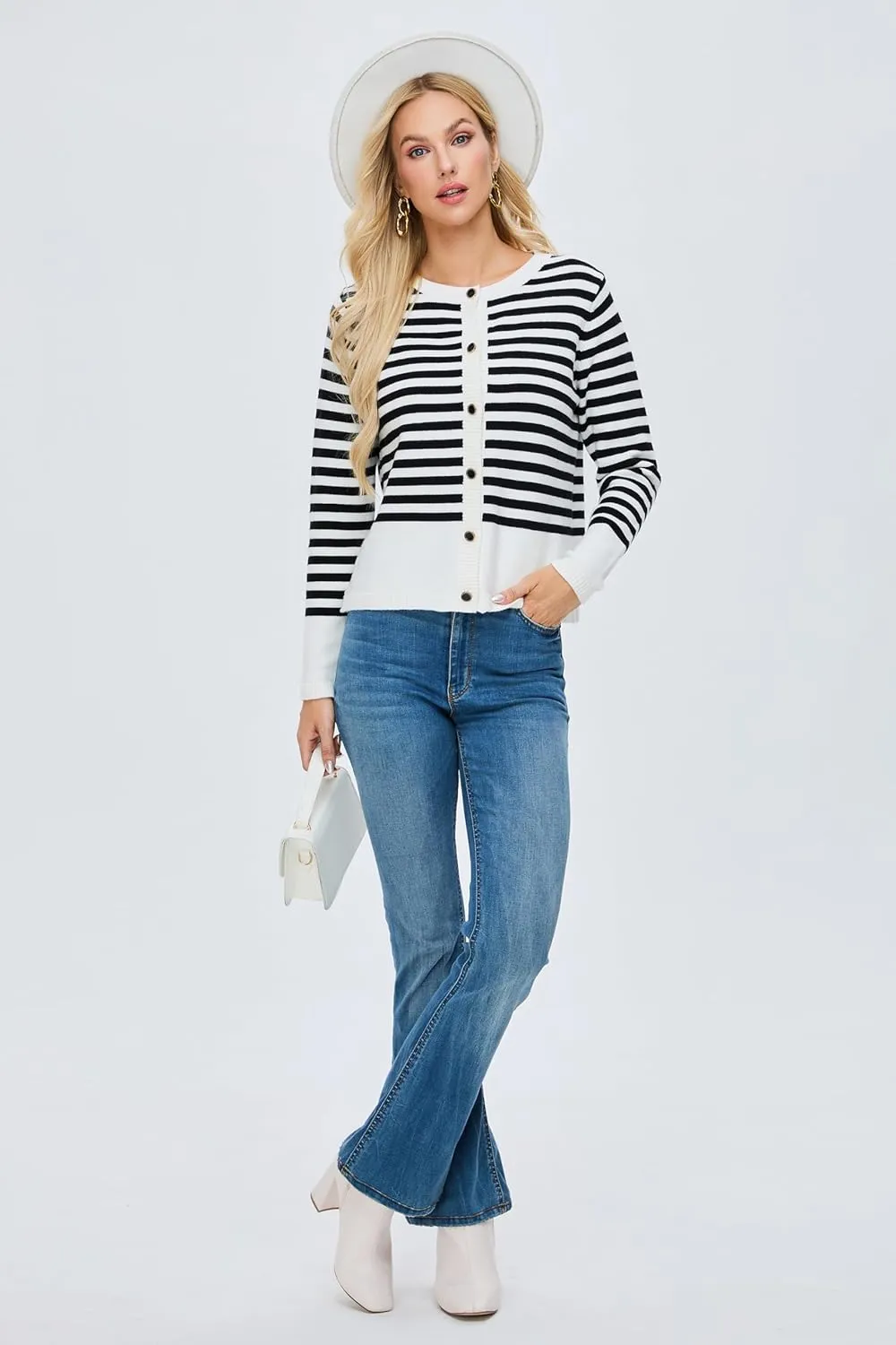 BMJL Women's Striped Cardigan Sweaters Lightweight Cropped Long Sleeve Tops Button Down 2024 Fall Outfits Trendy