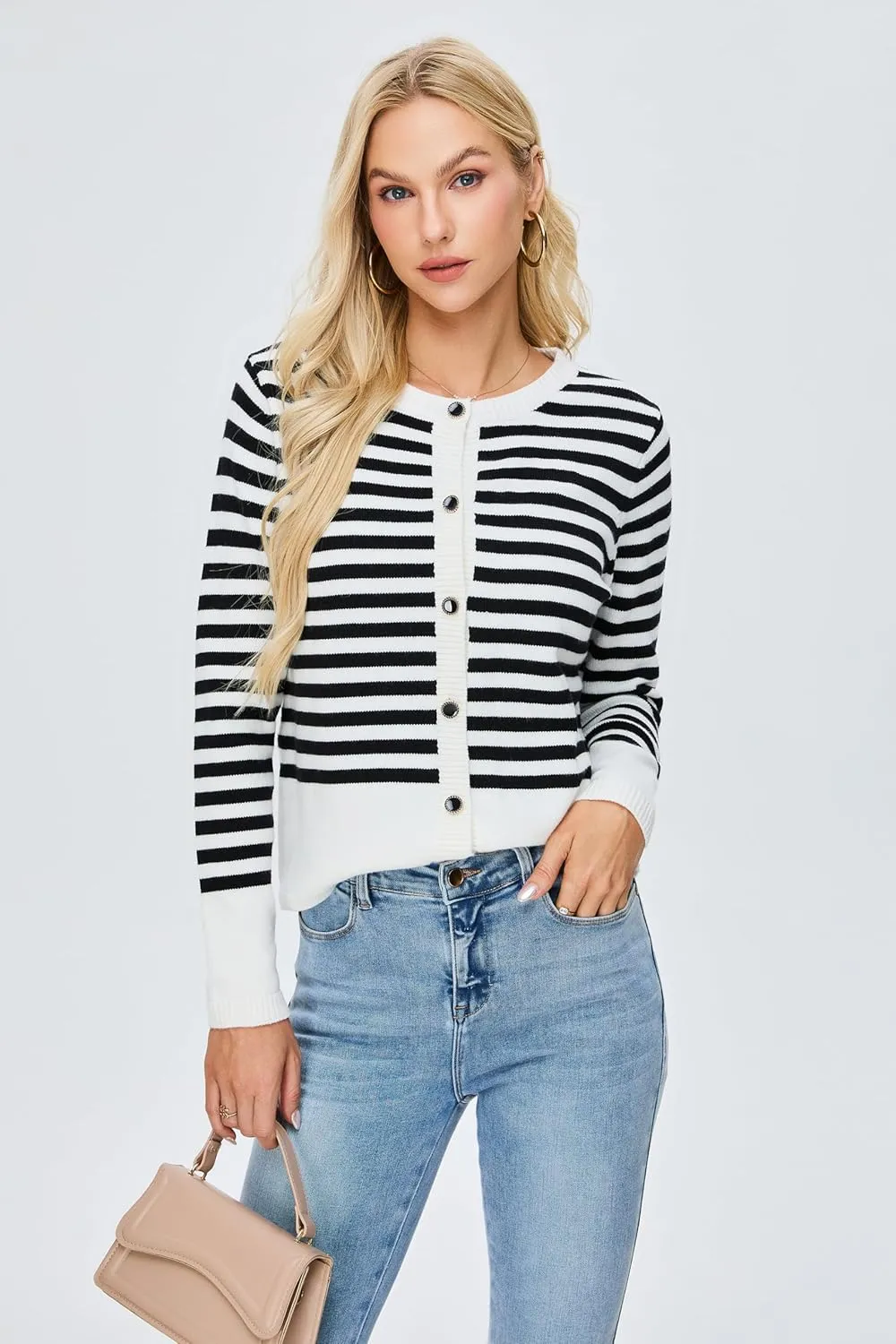 BMJL Women's Striped Cardigan Sweaters Lightweight Cropped Long Sleeve Tops Button Down 2024 Fall Outfits Trendy