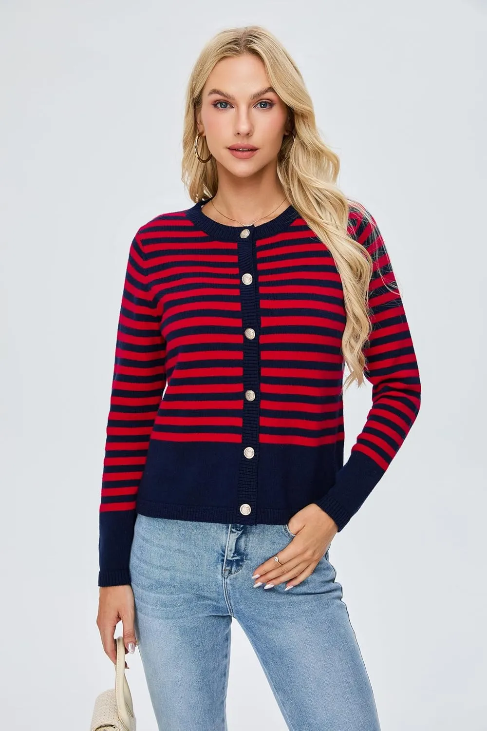 BMJL Women's Striped Cardigan Sweaters Lightweight Cropped Long Sleeve Tops Button Down 2024 Fall Outfits Trendy