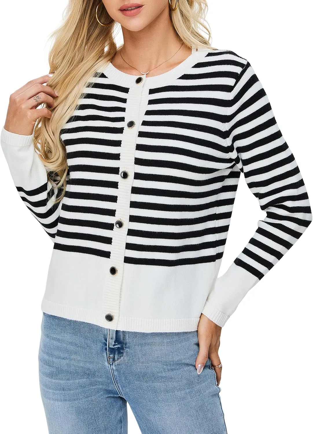 BMJL Women's Striped Cardigan Sweaters Lightweight Cropped Long Sleeve Tops Button Down 2024 Fall Outfits Trendy
